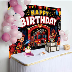 Lofaris Cartoon Firefighter Birthday Backdrop with Fire Truck and Balloons for Kids Party, Hero Theme Photography Background Decor