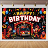 Lofaris Cartoon Firefighter Birthday Backdrop with Fire Truck and Balloons for Kids Party, Hero Theme Photography Background Decor
