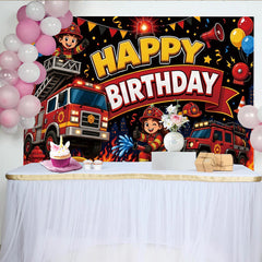 Lofaris Cartoon Firefighter Happy Birthday Backdrop with Fire Trucks and Balloons, Vibrant Party Background for Kids Photoshoot and Celebration