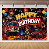 Lofaris Cartoon Firefighter Happy Birthday Backdrop with Fire Trucks and Balloons, Vibrant Party Background for Kids Photoshoot and Celebration