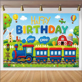 Lofaris Colorful Cartoon Train Happy Birthday Backdrop with Hot Air Balloons and Red Barn, Fun Party Decor for Kids Photoshoot and Celebration