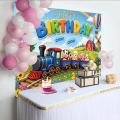 Lofaris Vibrant Cartoon Farm Animal Train Birthday Backdrop for Kids, Green Field Photo Background with Hot Air Balloon and Windmill