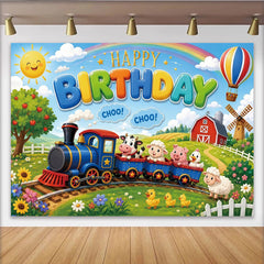 Lofaris Vibrant Cartoon Farm Animal Train Birthday Backdrop for Kids, Green Field Photo Background with Hot Air Balloon and Windmill