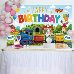 Lofaris Colorful Cartoon Train Happy Birthday Backdrop with Balloons, Cheerful Landscape Photography Background for Kids Party Decor