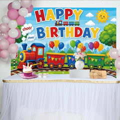 Lofaris Vibrant Cartoon Train Birthday Backdrop with Colorful Balloons, Cute Railway Scene Background for Kids Party Decoration