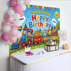 Lofaris Colorful Cartoon Train Birthday Backdrop with Animals and Balloons, Vibrant Party Background for Kids Party and Photoshoot