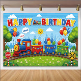 Lofaris Vibrant Cartoon Train Birthday Backdrop with Colorful Balloons, Cheerful Photo Background for Kids Party Decor