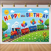 Lofaris Colorful Cartoon Train Happy Birthday Backdrop with Balloons and Green Hills, Vibrant Party Photography Background for Kids Celebration