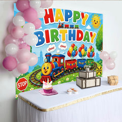 Lofaris Colorful Cartoon Train Birthday Backdrop with Balloons and Sunny Sky, Vibrant Party Decor for Kids Photoshoot and Celebration