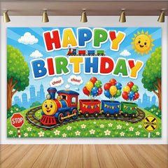 Lofaris Colorful Cartoon Train Birthday Backdrop with Balloons and Sunny Sky, Vibrant Party Decor for Kids Photoshoot and Celebration