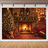 Lofaris Cozy Christmas Fireplace Backdrop with Decorated Tree and Gifts, Festive Holiday Photography Background for Family Photoshoot
