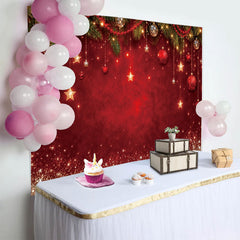 Lofaris Red Christmas Backdrop with Pine Branches, Ornaments and Stars, Sparkling Holiday Background for Festive Party Decor
