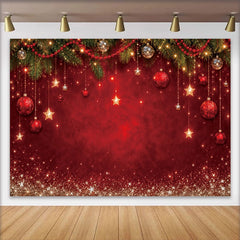 Lofaris Red Christmas Backdrop with Pine Branches, Ornaments and Stars, Sparkling Holiday Background for Festive Party Decor