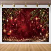 Lofaris Elegant Red Christmas Backdrop with Pine Branches and Golden Stars, Luxurious Winter Holiday Background for Festive Party Decor