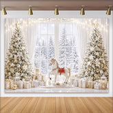 Lofaris Elegant Christmas Winter Wonderland Backdrop with Snowy Trees and Rocking Horse, Luxurious Holiday Background for Festive Photoshoot
