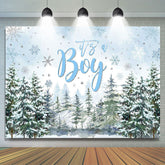 Its A Boy Snowy Forest Trees Baby Shower Backdrop