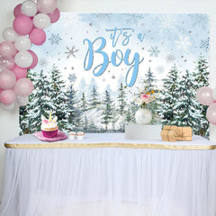 Its A Boy Snowy Forest Trees Baby Shower Backdrop