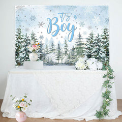 Its A Boy Snowy Forest Trees Baby Shower Backdrop