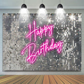 Silver Sequins Pink Neon Happy Birthday Backdrop