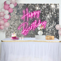 Silver Sequins Pink Neon Happy Birthday Backdrop