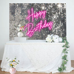 Silver Sequins Pink Neon Happy Birthday Backdrop
