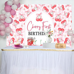 Lofaris Pink Plaid Red Cherry First Birthday Party Backdrop