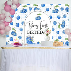 Lofaris Plaid Fresh Blueberry First Happy Birthday Backdrop