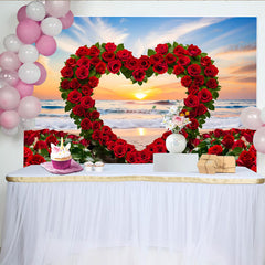 Lofaris Beach Sunset Wedding Backdrop, Red Rose Heart Arch and Ocean Waves for Romantic Party