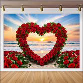 Lofaris Beach Sunset Wedding Backdrop, Red Rose Heart Arch and Ocean Waves for Romantic Party