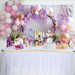 Lofaris Dreamy Balloon Castle Backdrop, Purple and Pink Arch for Birthday Cake Smash