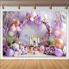 Lofaris Dreamy Balloon Castle Backdrop, Purple and Pink Arch for Birthday Cake Smash