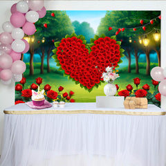 Lofaris Enchanted Forest Heart Backdrop, Red Rose Heart and Fairy Lights for Valentines Party