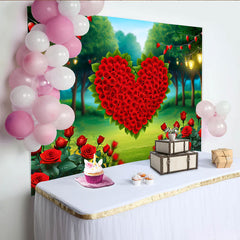 Lofaris Enchanted Forest Heart Backdrop, Red Rose Heart and Fairy Lights for Valentines Party
