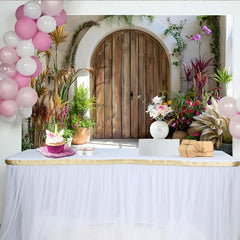 Lofaris Sunny Courtyard Door Backdrop, Arch Wood Door and Potted Plants for Spring Decor