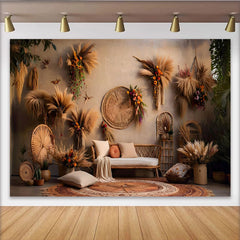 Lofaris Boho Living Room Backdrop, Woven Wall Decor and Rattan Sofa with Pampa Grass