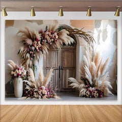 Lofaris Boho Wedding Door Photography Backdrop, Pampas Grass and Floral Photo Background