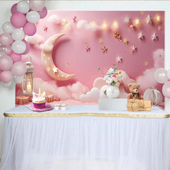 Lofaris Twinkle Twinkle Little Star Photography Backdrop, Pink Moon and Teddy Bear Photo Background