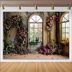 Lofaris Luxury Indoor Garden Floral Backdrop, Arched Windows and Flower Arch Photography Background