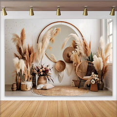 Lofaris Boho Living Room Photography Backdrop, Pampas Grass and Mirror Interior Photo Background