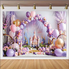 Lofaris Fairytale Pink Castle Photography Backdrop, Princess Balloon Arch Photo Background