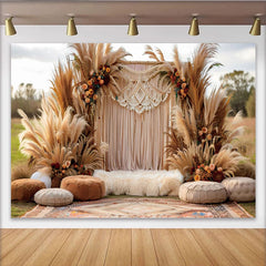 Lofaris Boho Macrame Arch Photography Backdrop, Pampas Grass and Cushion Photo Background