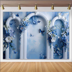 Lofaris Blue Floral Dream Fine Art Backdrop, White Ornate Arch and Butterfly Photography Background