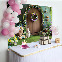 Lofaris Easter Garden Door Photo Backdrop, Bunny and Colorful Eggs Photo Background