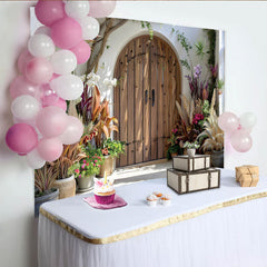 Lofaris Mediterranean Villa Garden Photography Backdrop, Tropical Plants and Door Photo Background