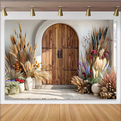 Lofaris Desert Boho Door Photography Backdrop, Pampas Grass and Wooden Gate Photo Background