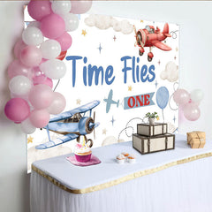 Lofaris Time Flies First Birthday Photography Backdrop, Vintage Airplane and Cloud Photo Background