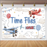 Lofaris Time Flies First Birthday Photography Backdrop, Vintage Airplane and Cloud Photo Background