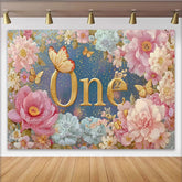Lofaris Floral First Birthday Photography Backdrop, Golden ONE and Pink Peony Photo Background