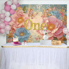 Lofaris Pink Peony First Birthday Photography Backdrop, Glitter ONE and Blue Floral Photo Background