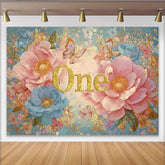 Lofaris Pink Peony First Birthday Photography Backdrop, Glitter ONE and Blue Floral Photo Background